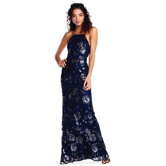 Adrianna Papell Blue Floral Sequin Halter Maxi Dress US 10 Formal Wedding Prom - Picture 1 of 14
